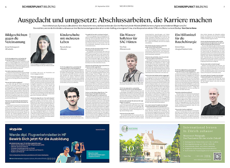 Bildungsbeilage der NZZ mit den Industrial Design Alumni Narada Zürrer, Tim Frei und Simon Haas