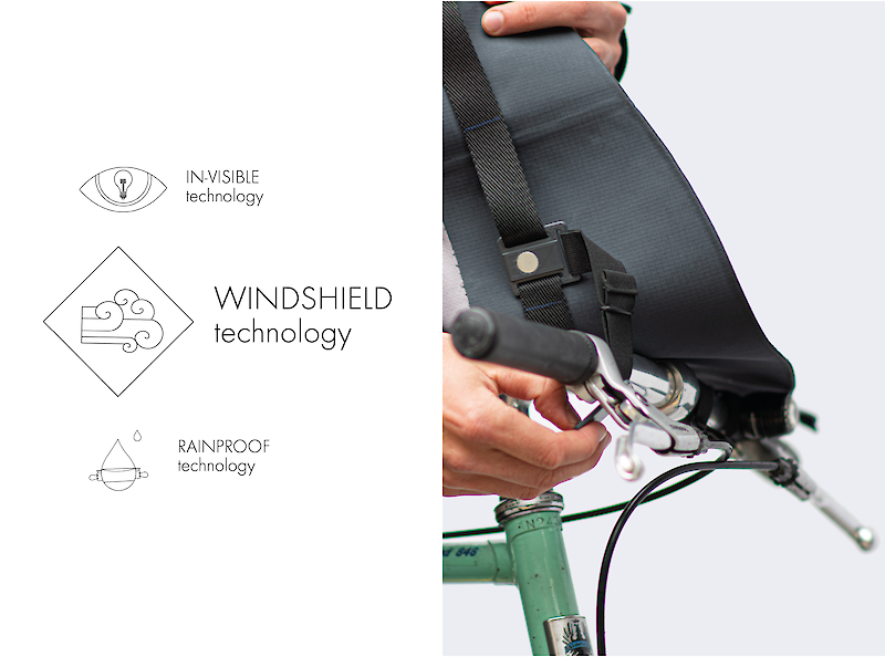 Durch die WINDSHIELD technology kann der vordere Teil der Jacke am Lenker befestigt werden, um die Beine vor Regen zu schützen.