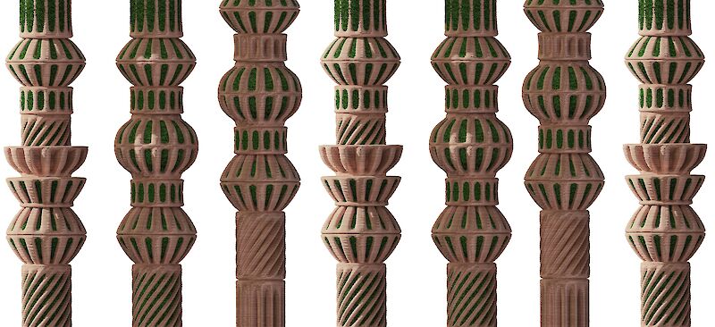 Render of 3D print ceramic with moss, showing a symbiotic materiality.