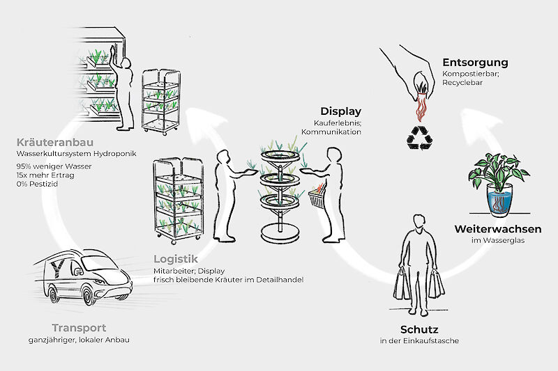 Die Stationen: lokaler Kräuteranbau, Transport, Display, Einkauf, frisch bleibende Kräuter zuhause