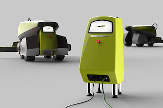 Versorgungsstation für Strom und vorgewärmtes Wasser, Roboter mit Wassertank und Hochdruckdüsen