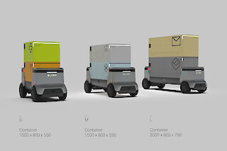 Drei Robotertypen sowie kombinierbare Containermodule ermöglichen den Warentransport verschiedener Lieferanten.
