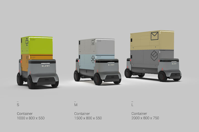 Drei Robotertypen sowie kombinierbare Containermodule ermöglichen den Warentransport verschiedener Lieferanten.