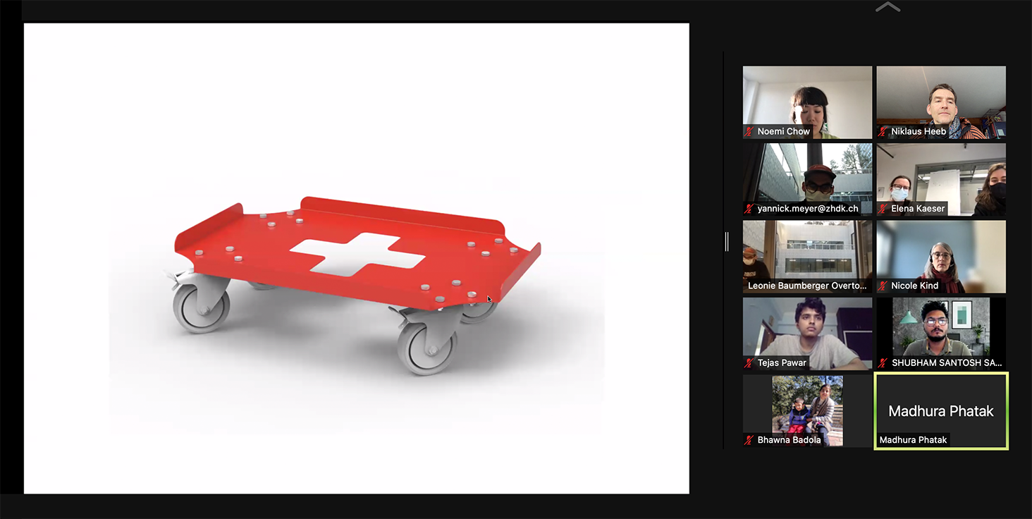 Blick in die internationale online Workshop-Runde. Studierende und Dozierende des Departements Design ZHdK (Knowledge Visualization & Industrial Design) und des National Institute of Design, Andhra Pradesh.