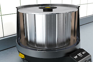 Zwischen Gefäss und zylindlischem Werkzeug erzeugt die Scherkraft die gewünschte Textur.